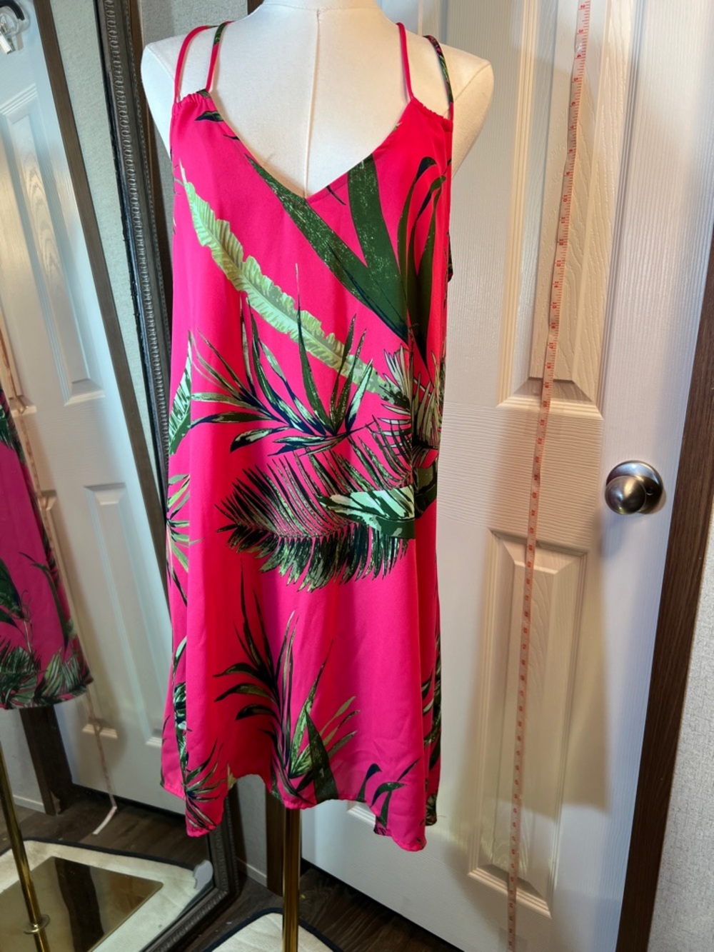 Hot Pink Tropical Slip Dress with Green Palm Print